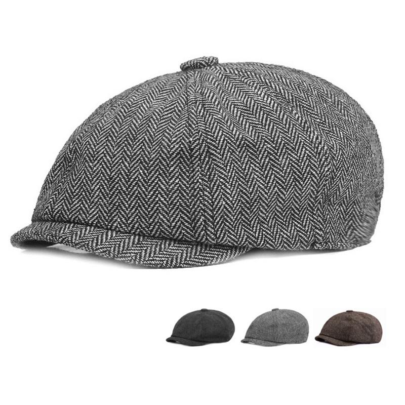 

Men Beret Herringbone Gatsby Tweed Peaky Blinders Hat Newsboy Beret Hat Spring Winter Flat Peaked Hats, Style 09 brown