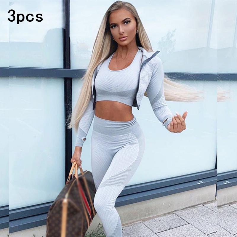 

3pcs Sport Seamless Workout Set Women Rib 3 2 Piece Long Sleeve Zipper Crop Top Shirt Legging Fitness Set Clothes Yoga Gym, Pink bra