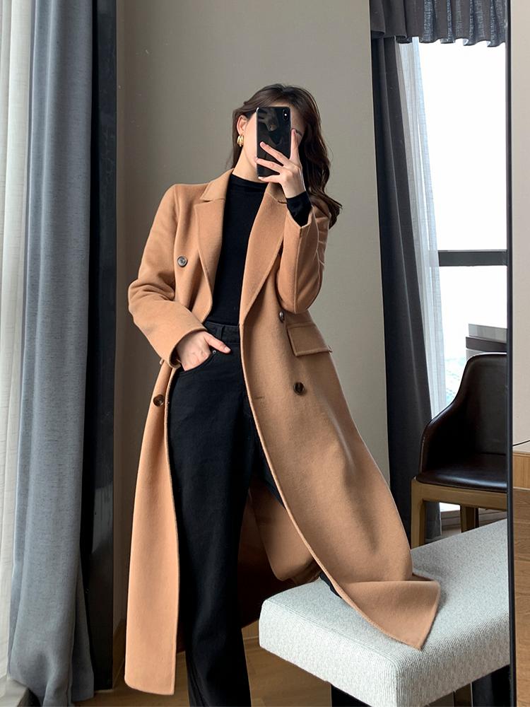 

Camel double faced cashmere overcoat women' 2021 autumn and winter new high-end temperament medium long woolen jacket, As pic