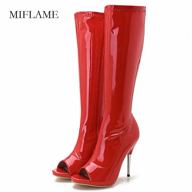 

2020 Secy Zipper Stiletto Shoes Woman Patent Leather Knee High Long Boots New Spring Peep Toe Metal Thin Heels Nightclub Boots, Black