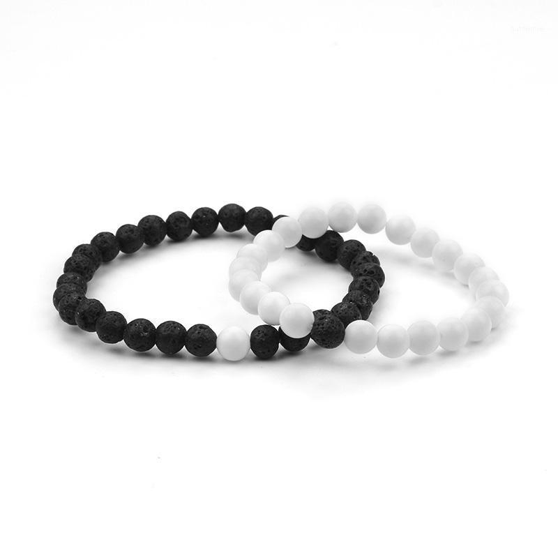 

2PCS/Set Handmade Men Woman Jewelry Gift Black Lava White Natural Stone Bead Couple Bracelet Elastic Jewelry for Boyfriend EY4801