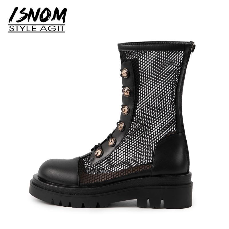 

ISNOM 2021 New Women Boots Sandals Genuine Leather Med Heels Sandals Round Toe Zip Up Shoes Female Casual Summer Boots Shoes, Beige