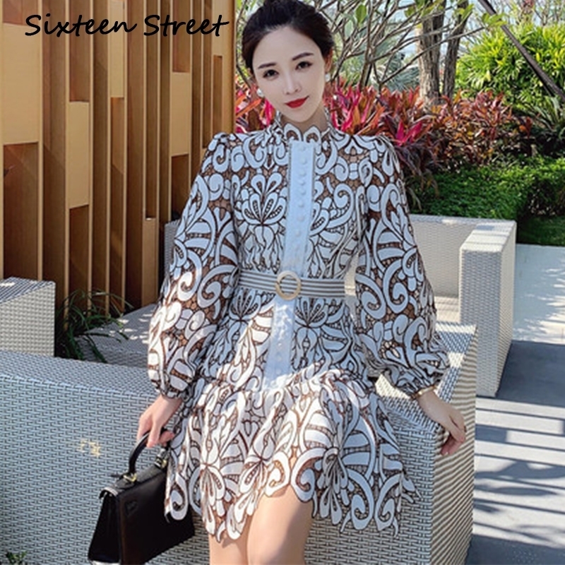 

Lace Embroidery Woman New spring lantern sleeve runway party Dress female single-breasted autumn vestidos 201204, Coffee