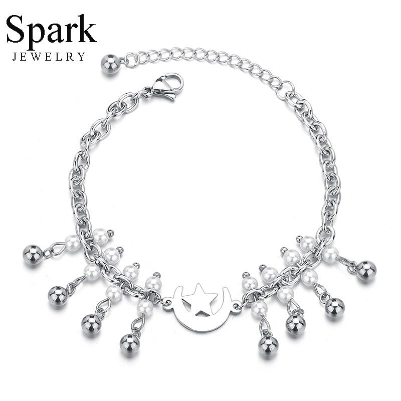 

Spark Stainless Steel Moon & Star Pendant Bracelet Imitation Pearl Beaded Charm Bracelets For Women Valentine's Day Gift Pulsera