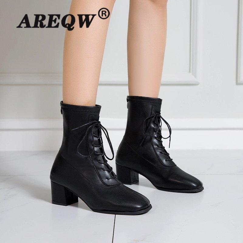

New Autumn Winter Women Boots High Quality Solid Lace-up European Ladies Shoes PU Fashion High Heels Boots, Black