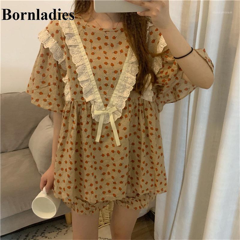 

Bornladies Chic 2020 Cute Thin Lace Up loose Flowers Retro Cute Sweet Stylish Vintage Pajamas Suits Ruffles Brief Home Clothes1, Photo color