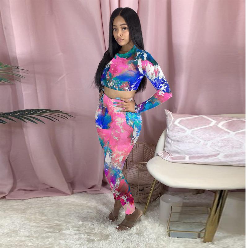 

Sexy tie dye long sleeve crop tops leggings 2 two pieces set 2020 spring autumn women T-shirts pants trousers streetwear, Multi