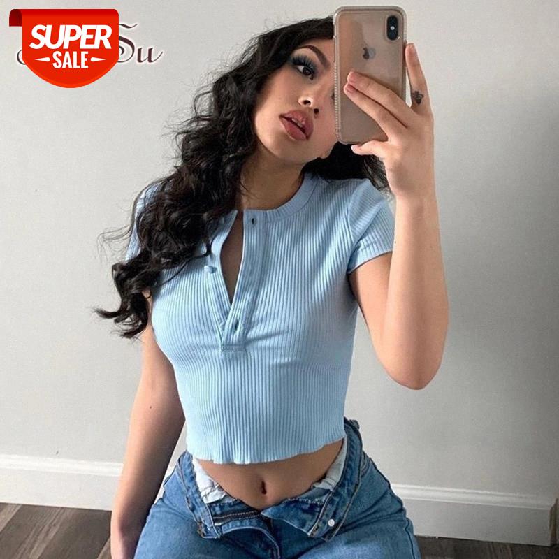 

ArtSu Summer Short Sleeve Crop Top T Shirt Ladies Button Korean Fashion Tee Shirt Women Casual Basic T-shirt Femme ASTS21541 #xT0V, White