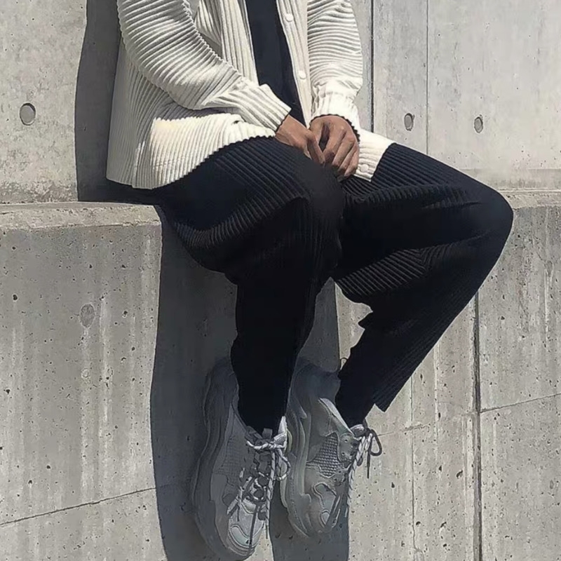 

IEFB /men's clothing high quality Loose pleated trousers black straight casual elastic all-match pants for male JF150 9Y470 201116, Black pants