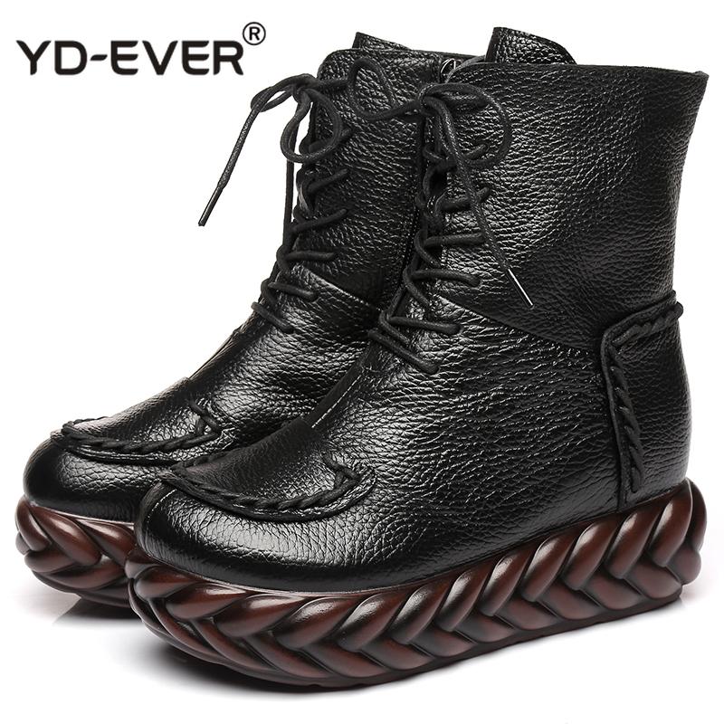 

New Vintage Mother Flat Genuine Leather Ankle Boot for Women Cowhide Lace-Up Winter Warm Shoes Woman Platform Snow Boots, Black