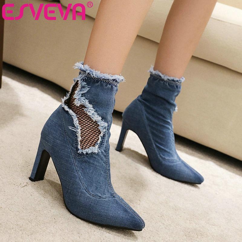 

ESVEVA 2021 Slip On Pointed Toe Square High Heel PU+Mesh Ankle Boots Women Boots Shoes Western Style Black Size 34-431, Blue