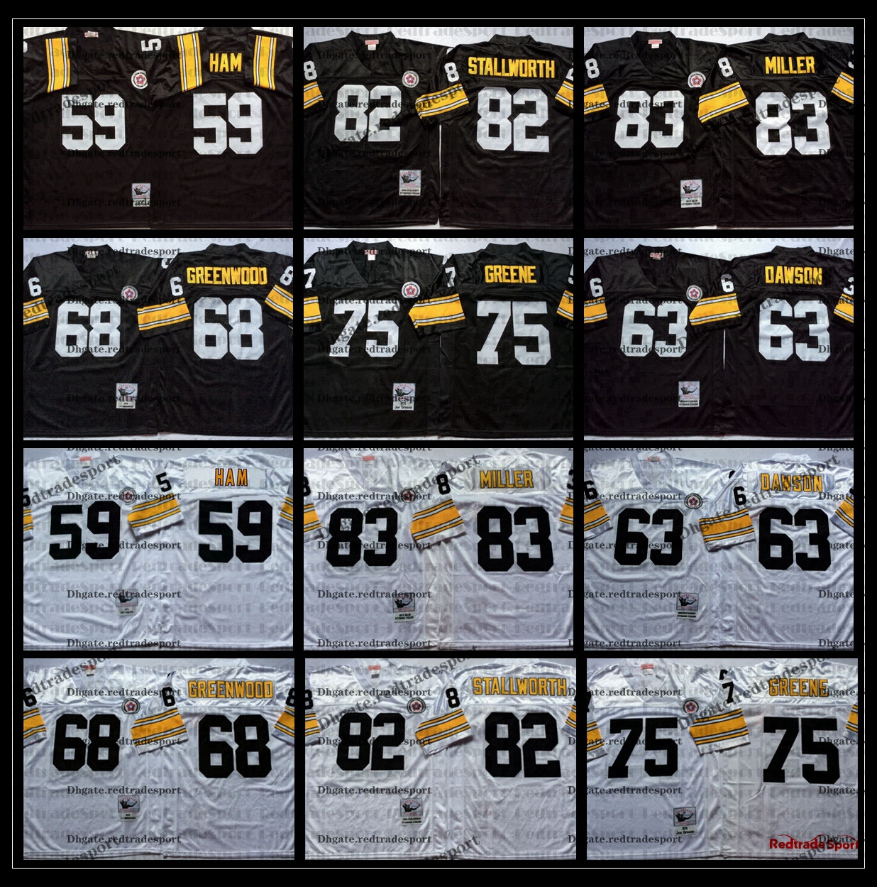 

Vintage 59 Jack Ham 63 Dermontti Dawson 68 LC Greenwood 75 Joe Greene 82 John Stallworth 83 Heath Miller Football Jersey Embroidery AB1, Like pics