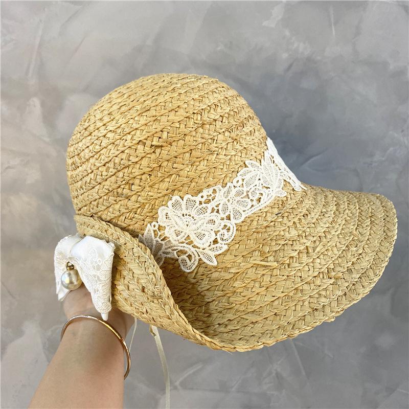 

202112-aotang new spring summer handmade raffia grass fold brim lace ribbon pearl leisure lady sun cap women leisure hat, Beige