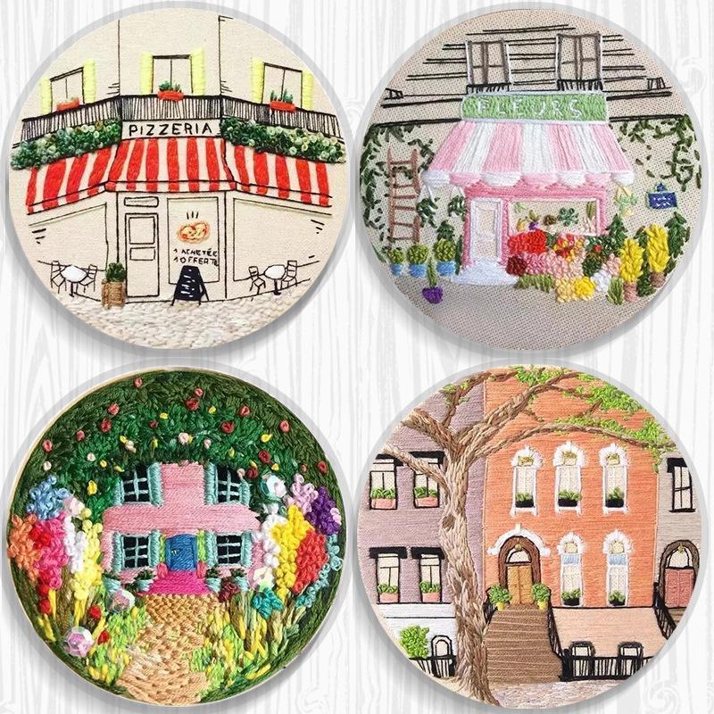 

Other Arts And Crafts DIY Ribbon Embroidery Set For Beginner Needlework Kits Europe Town Scenery Cross Stitch Series Needle Sewing Decor