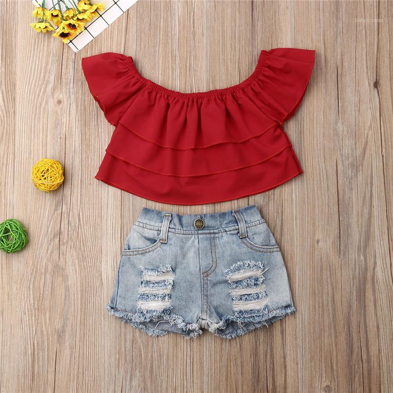 

2020 Summer Baby Girl 2pcs Outfit Toddler Girl Clothes Kid Ruffle Tube Crop Tops Denim Jeans Shorts Clothes 1-6Yrs1, As pic