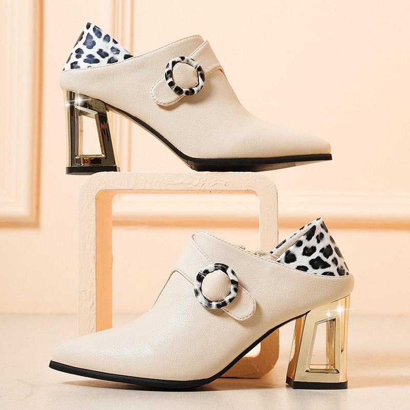 

Women's Ankle Boots Woman Shoes Leopard Buckle Slip On Square High Heels Shoes Female Pu Leather 2020 New Winter Boot Ladies Hot, Beige