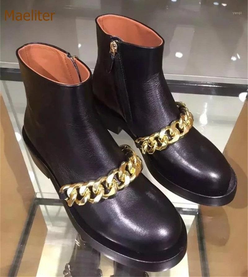 

Women Chic Square Low Heel Thick Chain Boots Gold Silver Metal Decoration Ankle Boots Concise Motorcycle Gladiator US101, Gold chain