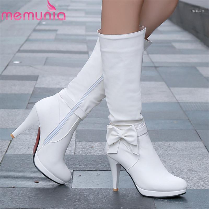 

MEMUNIA 2020 new arrival mid calf boots women pu bowknot thin high heel party wedding shoes woman autumn winter platform boots1, Pink