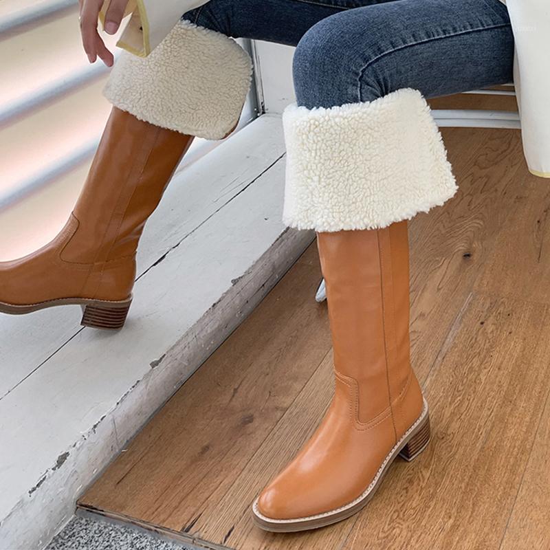 

Keep Warm Winter Knight Boots Women Knee Boots Retro Low Chunky Heels Faux Leather Wool Lining Botines Zapatos Mujer Botas1, Black
