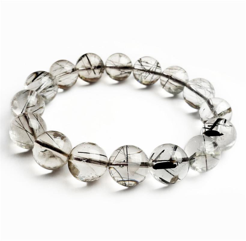 

Precious Natural Black Hair Rutilated Quartz Bracelet 13mm Big Stretch Clear Crystal Round Bead Bracelets For Women Men