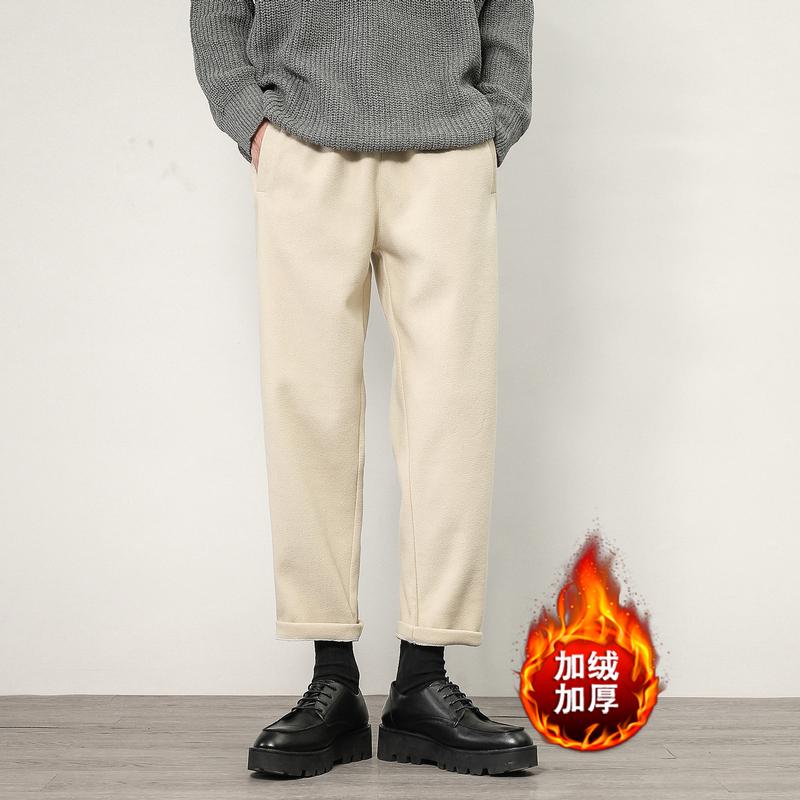

Winter Men's Casual Pants Plus velvet thickening Fleece Ribbons Men Loose Pants Mens Solid Male Streetwear Trousers, Black