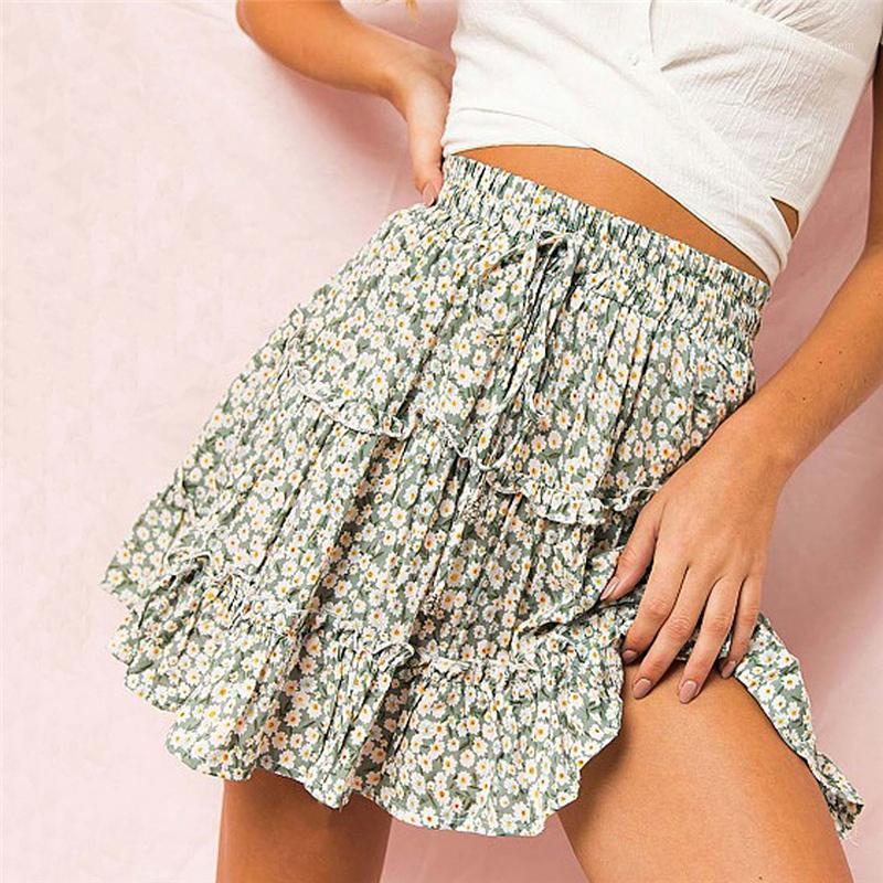 

Women Boho Beach Summer Short Mini Skirt Elegant Ruffles High Waist Floral jupe femme Ladies Playa Cute tulle Skirt1