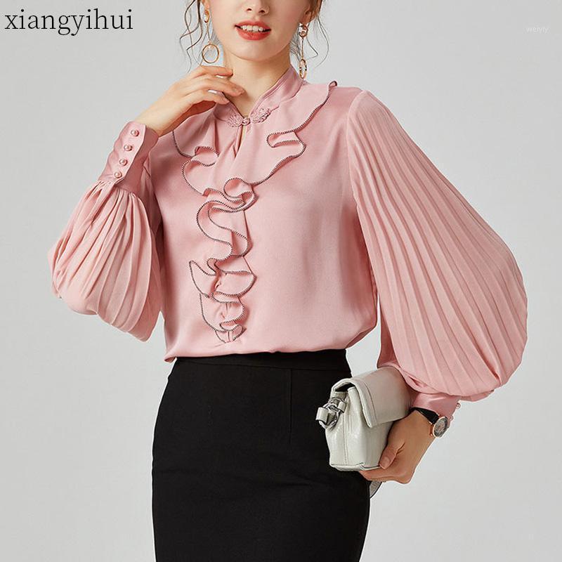 

Women' Blouses & Shirts Pink Lantern Sleeve Silk Blouse Female Women Autumn Fashion Loose Shirt Office Work Ladies Casual Stand Collar Whit, Black