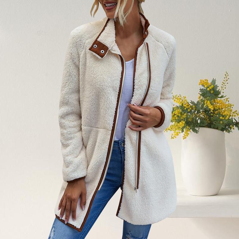 

2021 Fashion Women Solid Colors Long-Sleeved Turndown Collar Winter Warm Zipper Pocket Plush Jacket Teddy Wool Coat Outwear#g3, Khaki