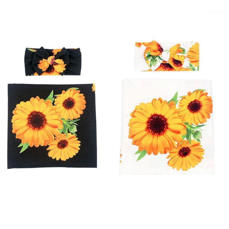 

Newborn Sunflower Receiving Blanket Headband Set Flower Print soft and stretch Baby Swaddle Wrap for summer months1, Bk