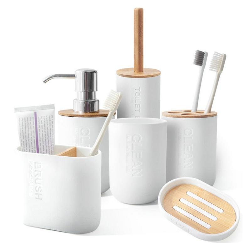 

5PCS Bamboo Bathroom Set Toothbrush Holder Toilet Brush Bathroom Accessories