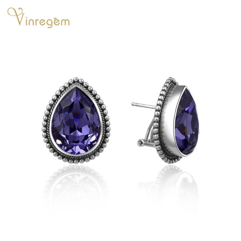 

Vinregem Vintage 100% 925 Sterling Silver Pear Cut Amethyst Gemstone Wedding Engagement Luxury Ear Studs Earrings Fine Jewelry
