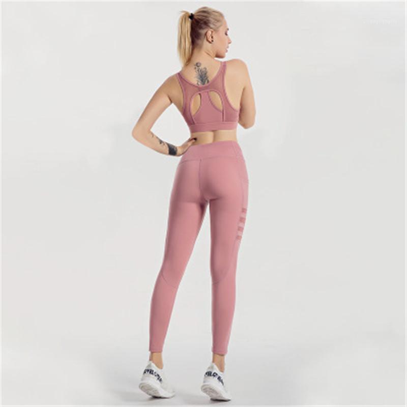 

Seamless Yoga Set Fitness Sports Bras Suits Gym Clothing Top High Waist Yoga Leggings Workout Pants Stripes Mesh Stitching1, Pink set