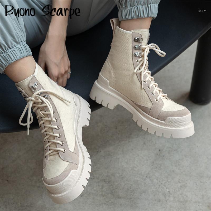 

Women's Boots Canvas Platform Boots Lace Up Ankle Army Casual Female Designer Platform Shoes Short Booties Thick Sole Shoe1, White