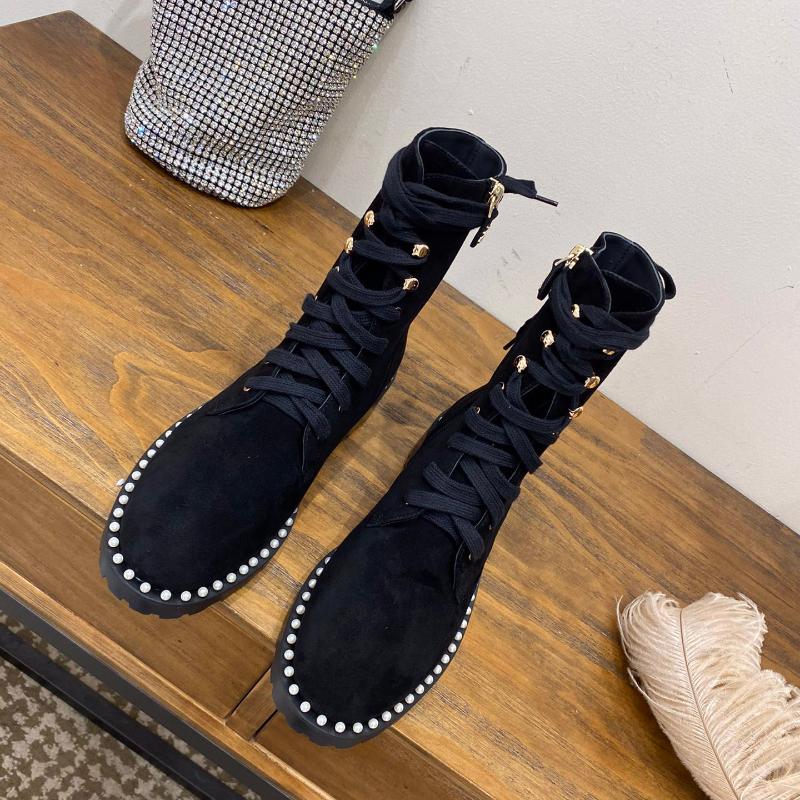 

2021 POWEE Newest Woman Ankle Boots Lamb Skin Genuine Leather Pearl Knight Design Classic Lace Up Short Boots, Cloth