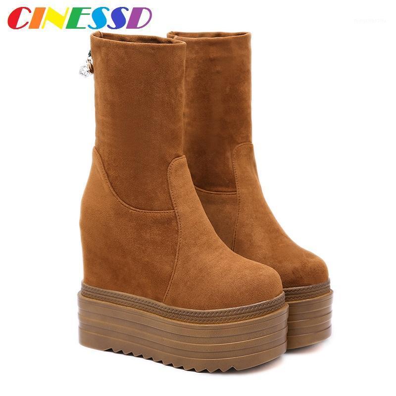

14cm new boots women's sloping heels and fleecy 2020 autumn and winter thick soles increase height ground short boots1, Black