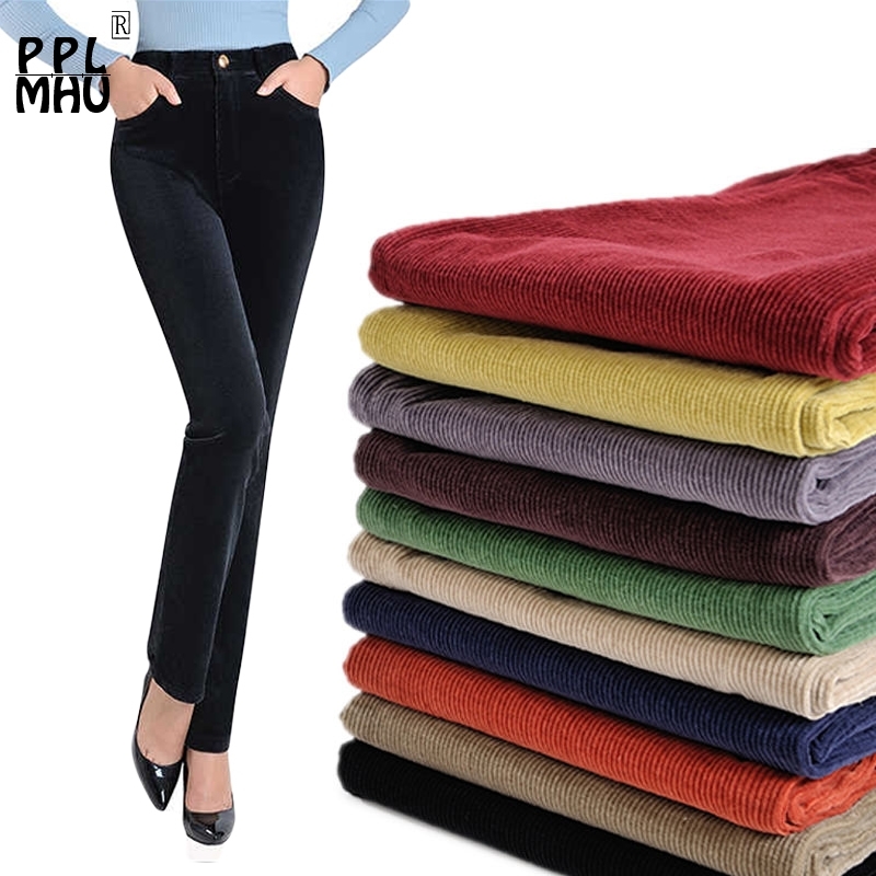 

New Fashion autumn and winter corduroy padded cotton stretch large size loose straight casual high waist pants 201109, Jujube red