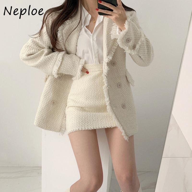 

Neploe Chic Tassel Patchwork Double Breasted Women Coat Korean Autumn Winter Solid Color Tops Elegant Turn-down Collar Jackets, Black skirt