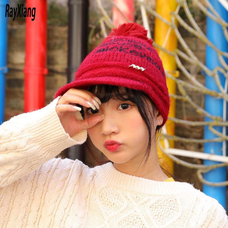 

Wool Hat Baseball Cap Sports Warm Winter Ladies Women Smile Ear Protection Hair Ball Plus Velvet Thickening Pom, Smile red