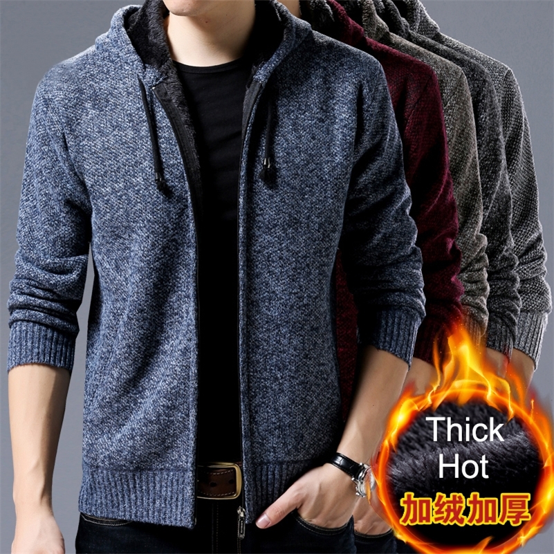 

Thick Sweater Men Hooded Autumn Winter Solid Thicken Outwear Sweater coat Casual Cardigans Velvet inside Big size 3XL GFM95 201105, Beige