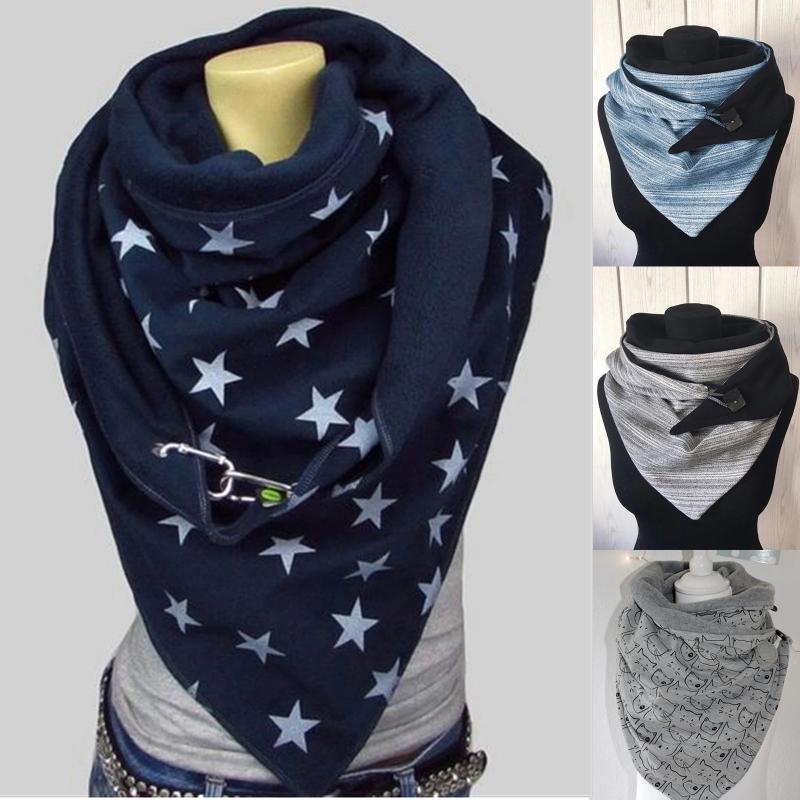 

Women Winter Thicken Warm Scarf with Button Clip Vintage Floral Plaid Feather Printing Soft Wrap Bib Windproof Shawl