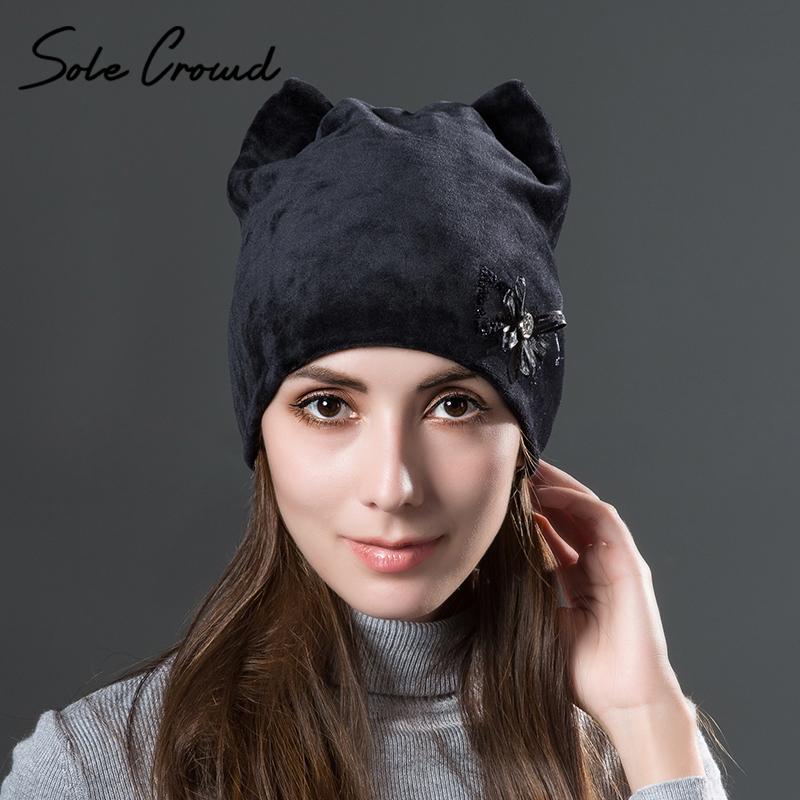 

Sole Crowd 2020 Women's cat ears winter warm velvet hats fashion flowers autumn caps skullies beanies for Female cute girls hat, Purple