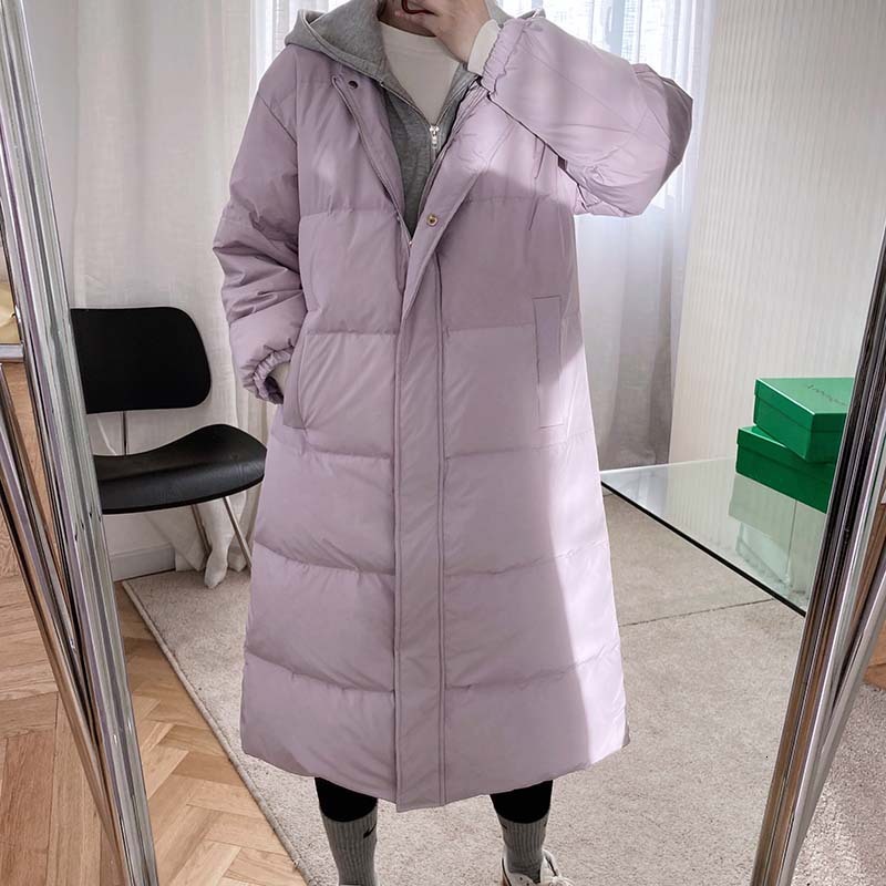 

New 2021 Women Winter Long-sleeve Jacket with Pure-hot Hood White Duck Down Thick Female Long Coat Lfle, Black