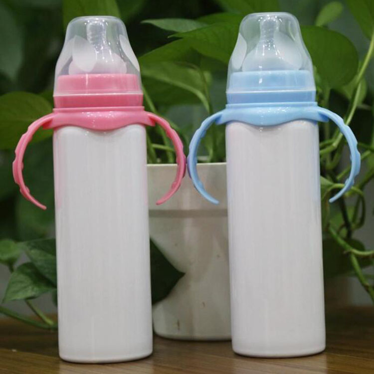 

pink blue handle 8oz sublimation baby feeding bottle stainless steel sippy cup vacuum insulated kid water bottle white blank DIY child cup