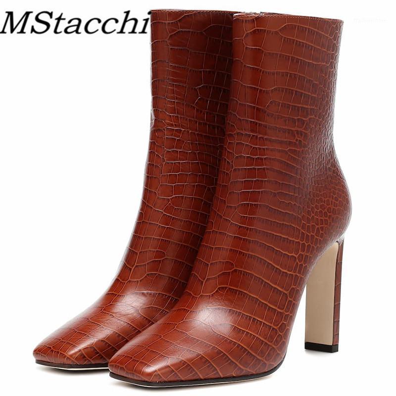 

MStacchi Fashion High Heel Boots Chunky Heel Leather Women Boots Square Toe Zippe Party Concise Sexy Ankle For Women1, Black