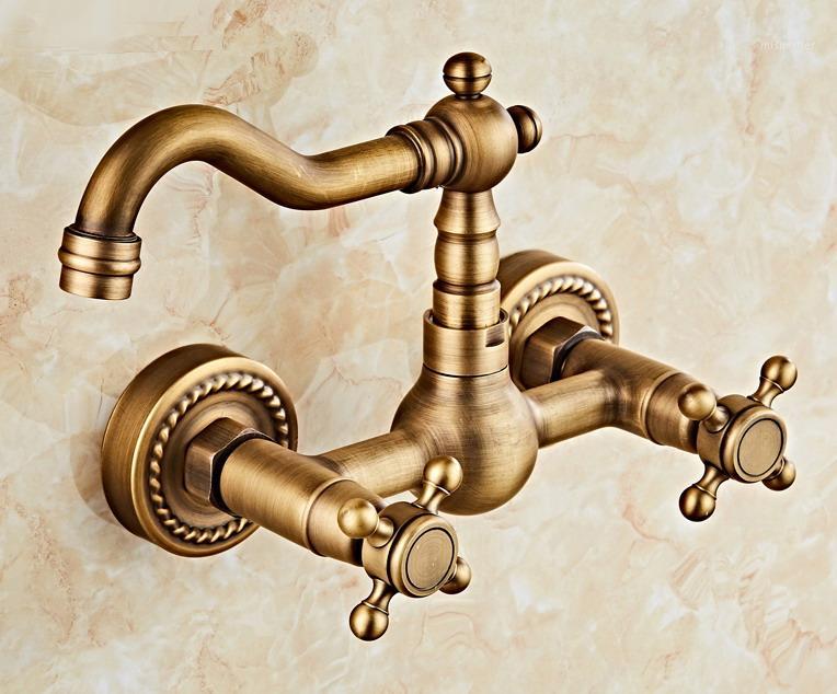 

Vintage Retro Antique Brass Bathroom Kitchen Sink Basin Faucet Mixer Tap Swivel Spout Wall Mounted Dual Cross Handles mtf0061