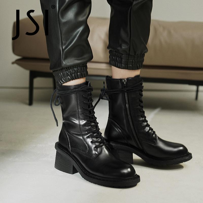 

JSI Punk Style Mid-calf Boots Woman Genuine Leather Round Toe Zipper Lace Up Boots Ladies Chunky Square Mid-calf JO682, Black