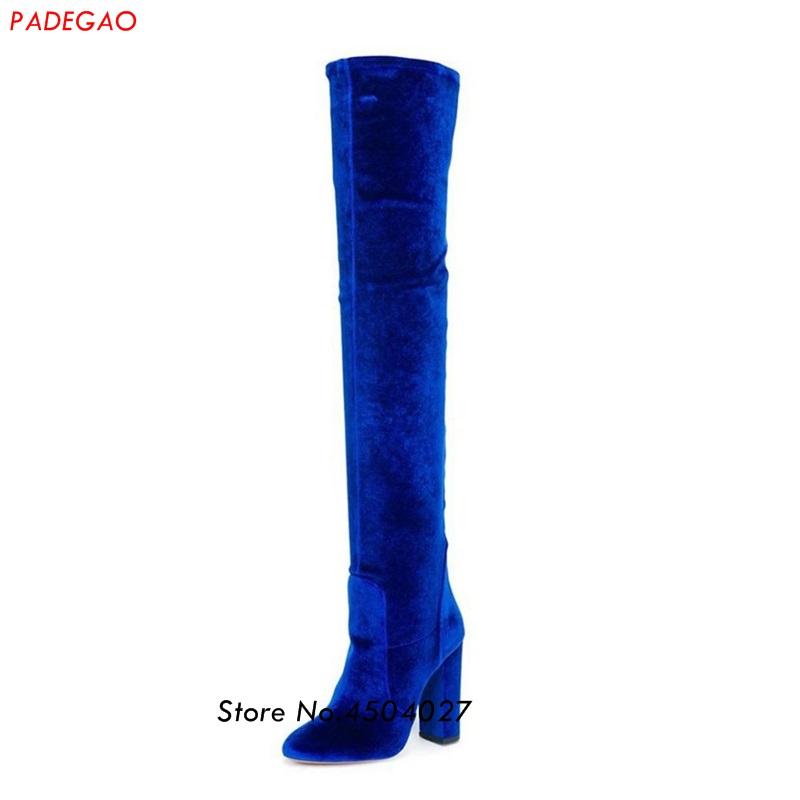 

Blue Velet High Heel Boots Woman Boots Over The Knee Round Toe Woman Shoes Lady Chunky Heel Boot, Black