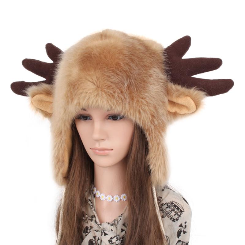 

Winter Furry Plush Trapper Hat Cute Ox Horns Deer Antlers Fluffy Earflap Cap