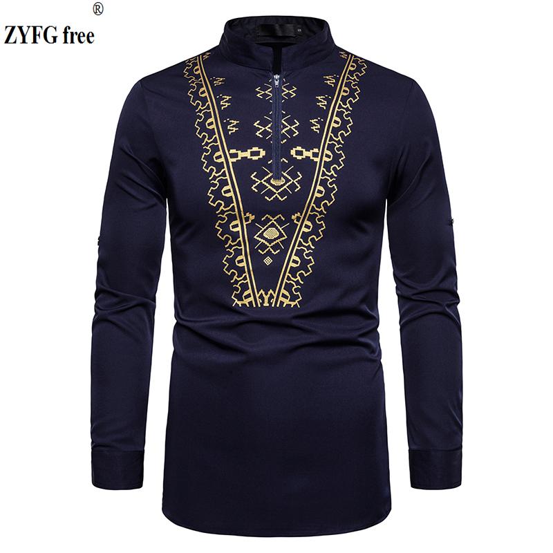 

African style men spring long sleeve shirts sleeves design shirts men stand neck print casual shirt plus size, Black
