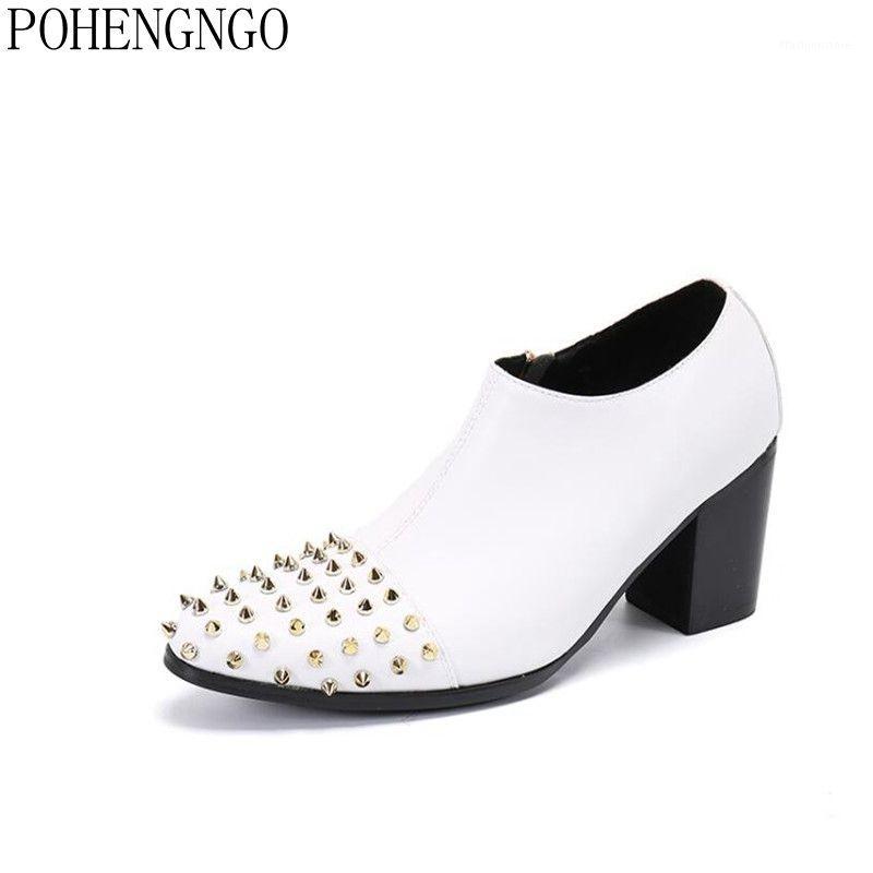 

6.5CM High Heels Men White /black Genuine Leather Formal social Shoe Pointed Toe Rivets Dress Shoes Men's Party Wedding Footwear1